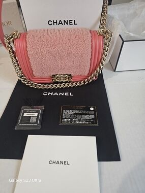 Authentic Chanel Small Boy Flap Bag – Pink Shearling & Leather, Gold Hardware